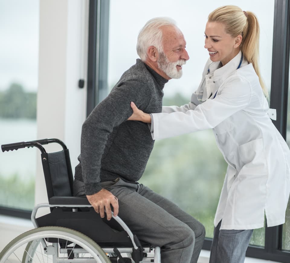 Patient in wheelchair preparing for surgery